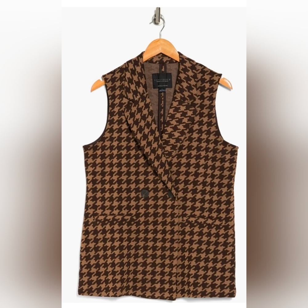 Sanctuary Moss Boss Knit Houndstooth Vest Frappe/Biscotti XL NWT Tunic Sepia